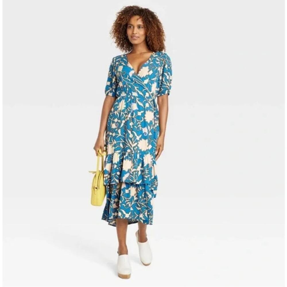 Knox Rose Floral Wrap Midi Dress Boho Chic Casual Women Blue Medium